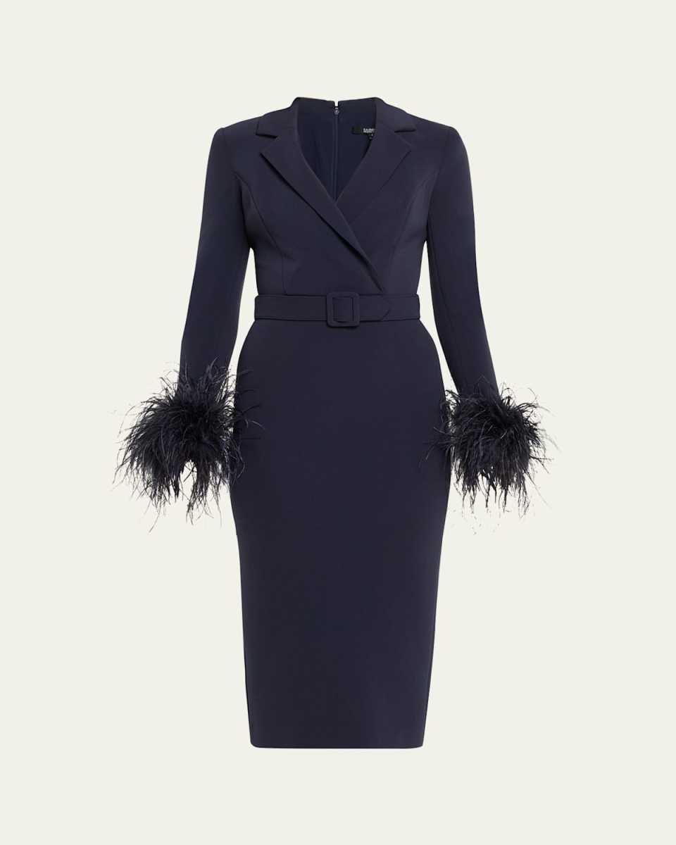 Belted Feather-Cuff Midi Sheath Dress